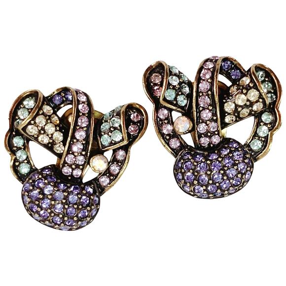 Signed Heidi Daus Gold Tone Colorful Pastel Rhinestone Ribbon Clip On Earrings - Picture 1 of 11